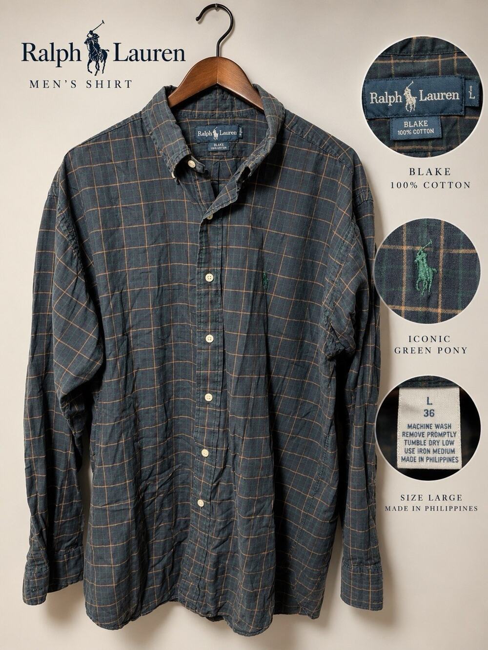 Vintage 90s Ralph Lauren Blake Shirt Mens L Plaid Green Pony 100% Cotton Y2K